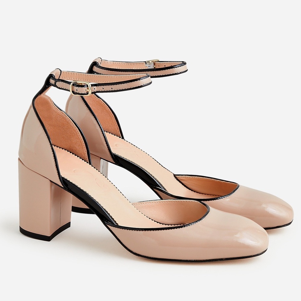 J.Crew Maisie Ankle-strap Heels Italian Patent Leather Desert Taupe/Black Sz 9.5